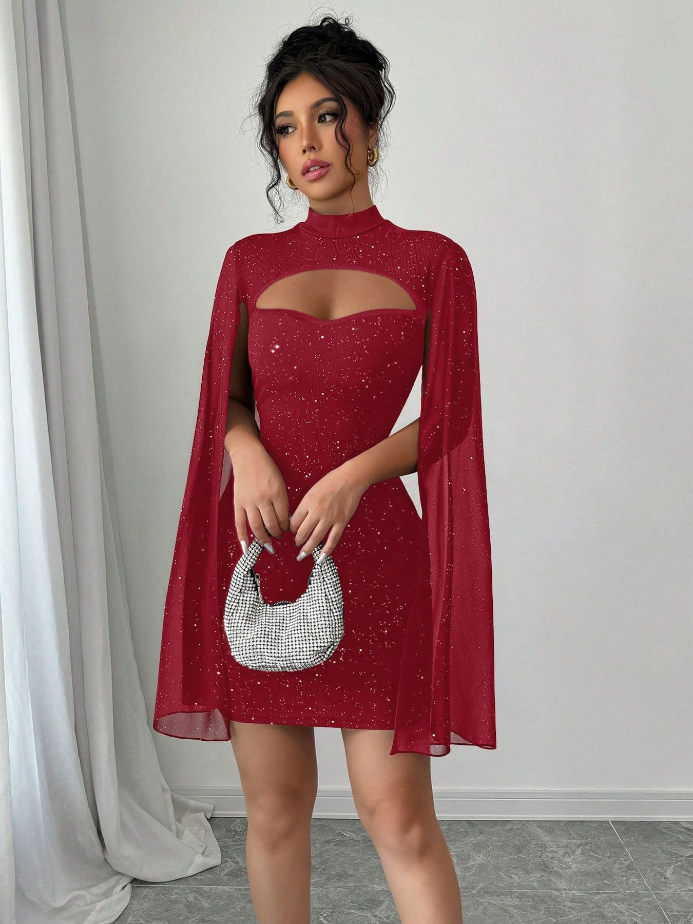 Sexy Women's Stand Collar Cape Mini Dress Sequins Sparkling Club Party Night Out Fitted Bodycon Elegant,Summer Elegant Package Hip Dress Women's New Fashion O Neck Holiday Pary Mini Dresses For Women
