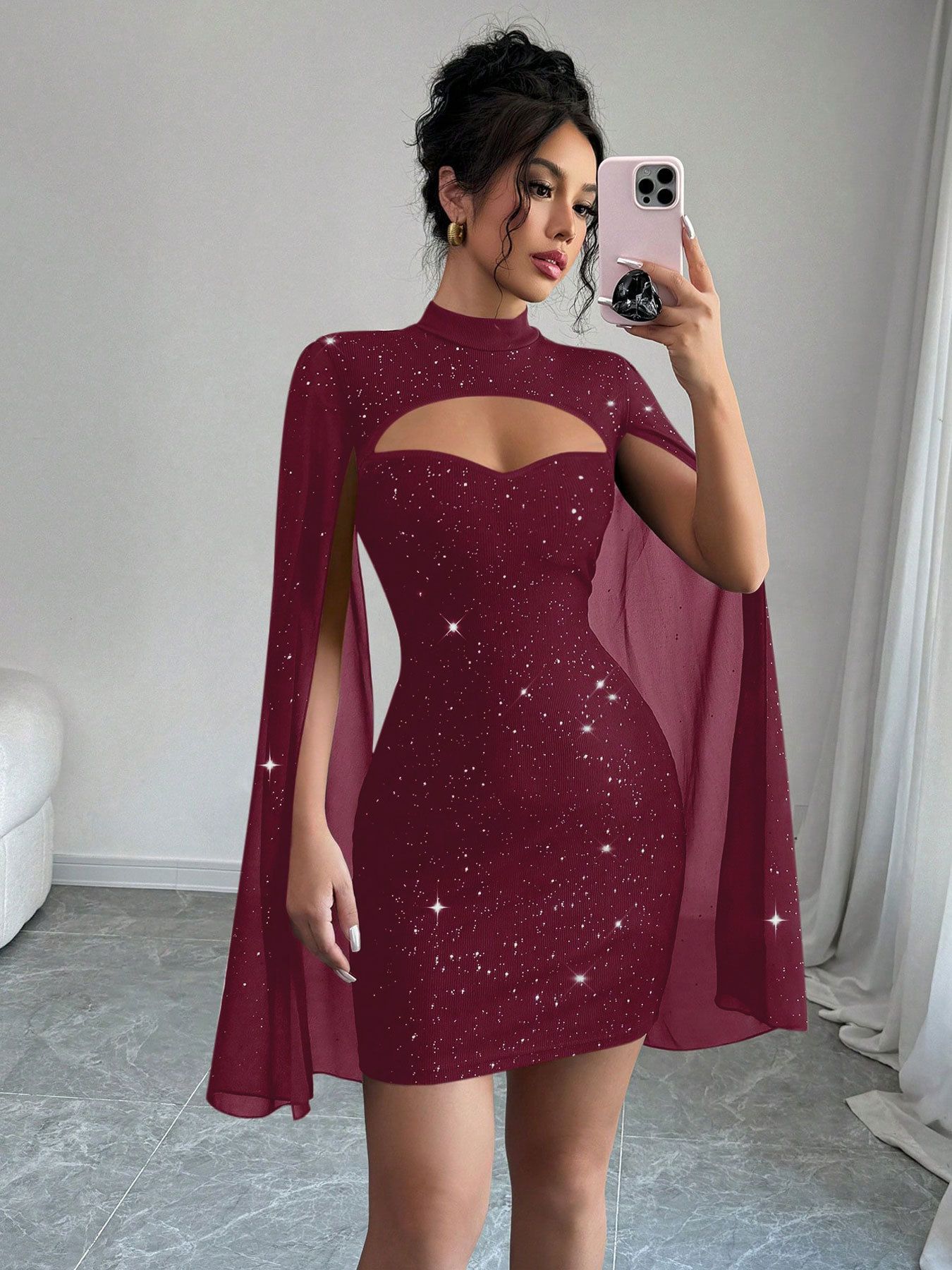 Sexy Women's Stand Collar Cape Mini Dress Sequins Sparkling Club Party Night Out Fitted Bodycon Elegant,Summer Elegant Package Hip Dress Women's New Fashion O Neck Holiday Pary Mini Dresses For Women