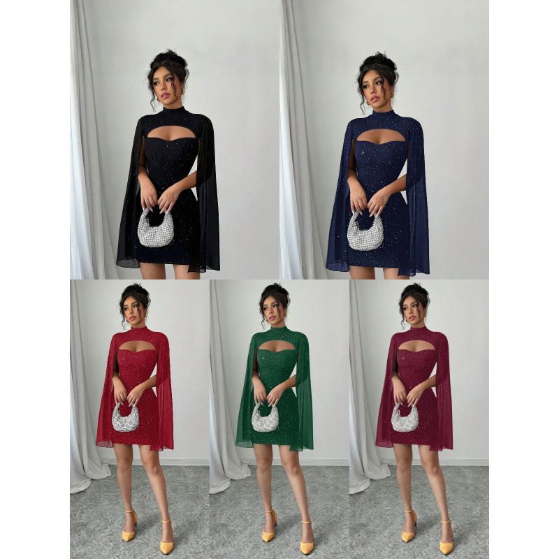 Sexy Women's Stand Collar Cape Mini Dress Sequins Sparkling Club Party Night Out Fitted Bodycon Elegant,Summer Elegant Package Hip Dress Women's New Fashion O Neck Holiday Pary Mini Dresses For Women