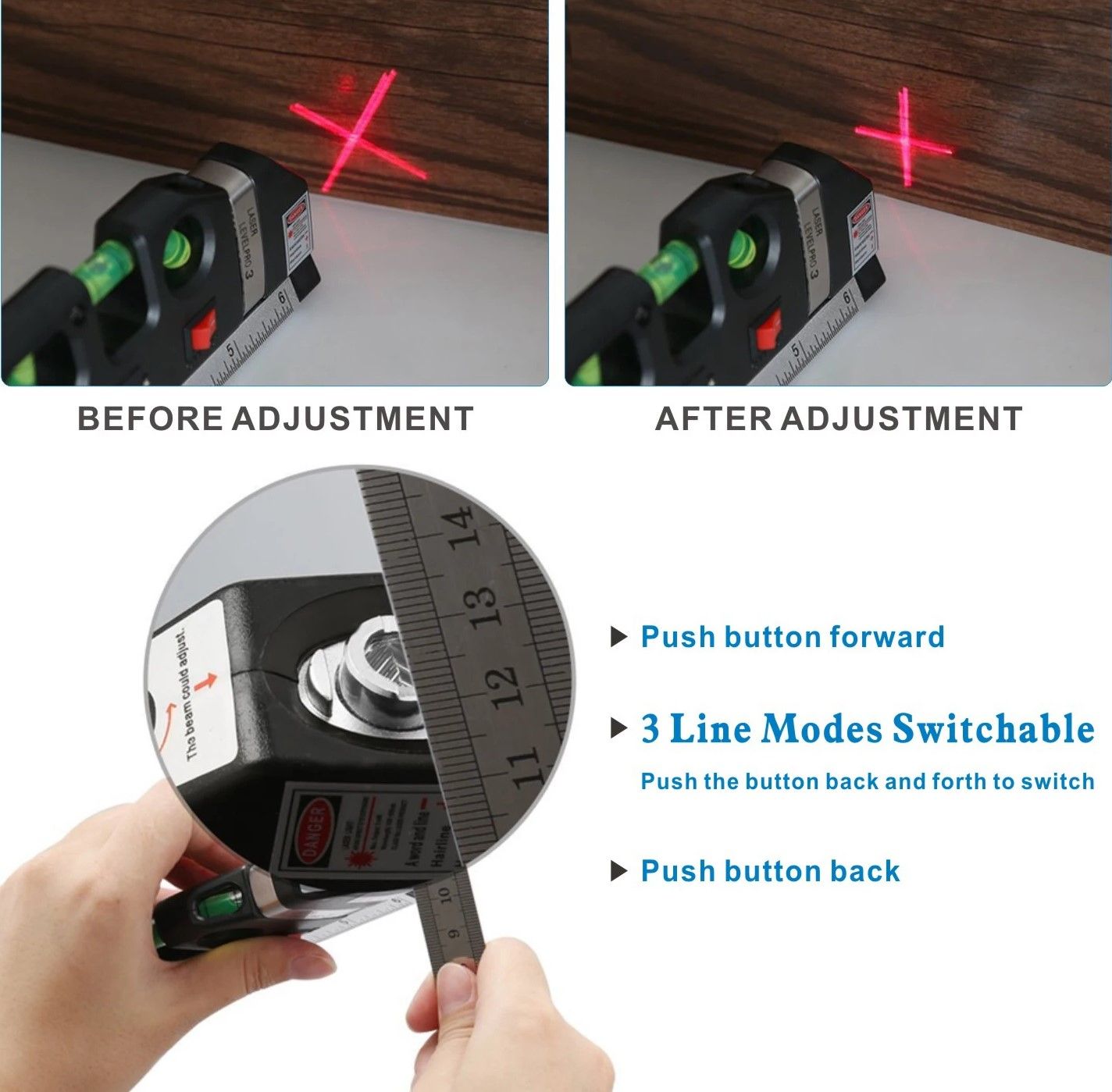 Laser Level Tape Vertical Measure Adjusted Standard Ruler Horizontal Cross Lines Optical Levelling Instrument Multipurpose 4 in1