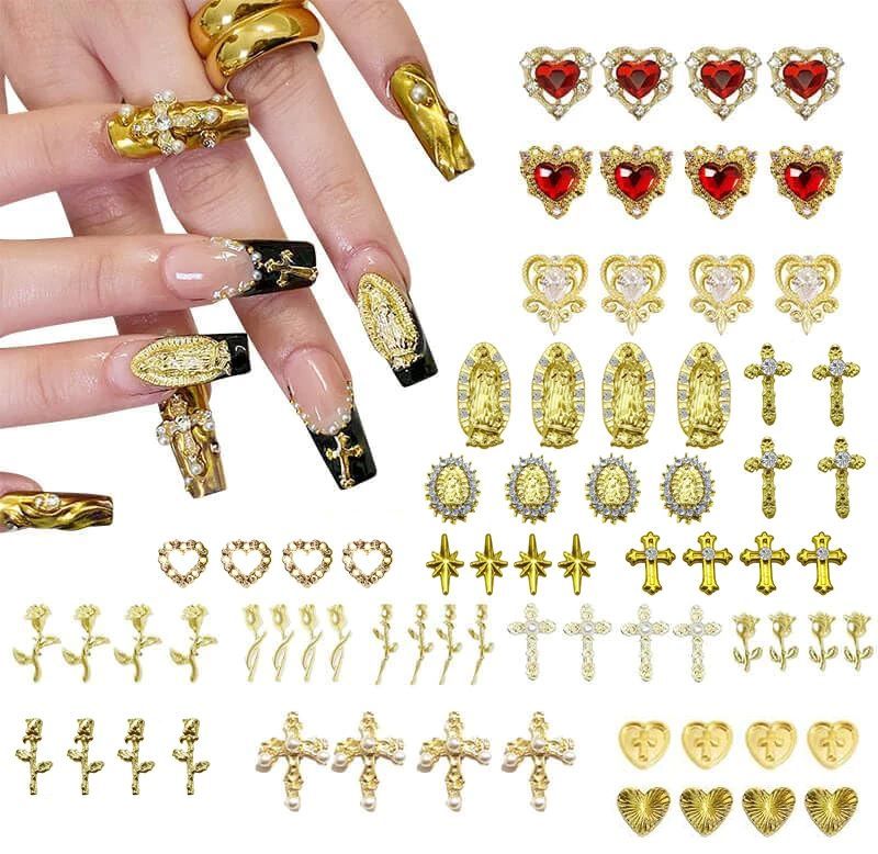 72pcs Gold Nail Charms Set with Gold Cross, Hearts, Rose, and Virgin Mary - Y2K 3D Chrome Nail Decorations