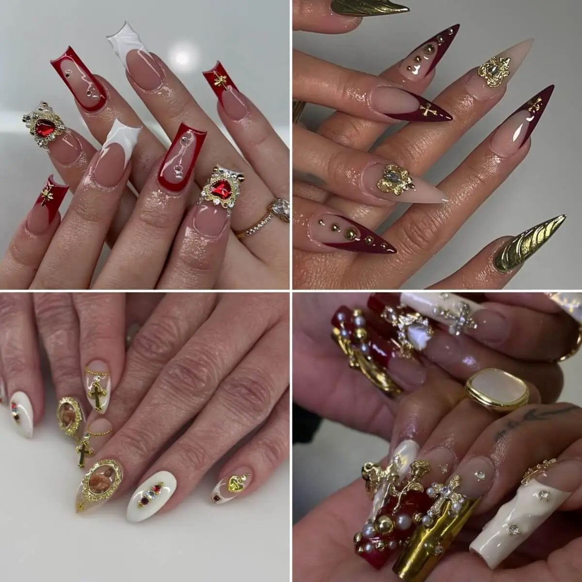 72pcs Gold Nail Charms Set with Gold Cross, Hearts, Rose, and Virgin Mary - Y2K 3D Chrome Nail Decorations