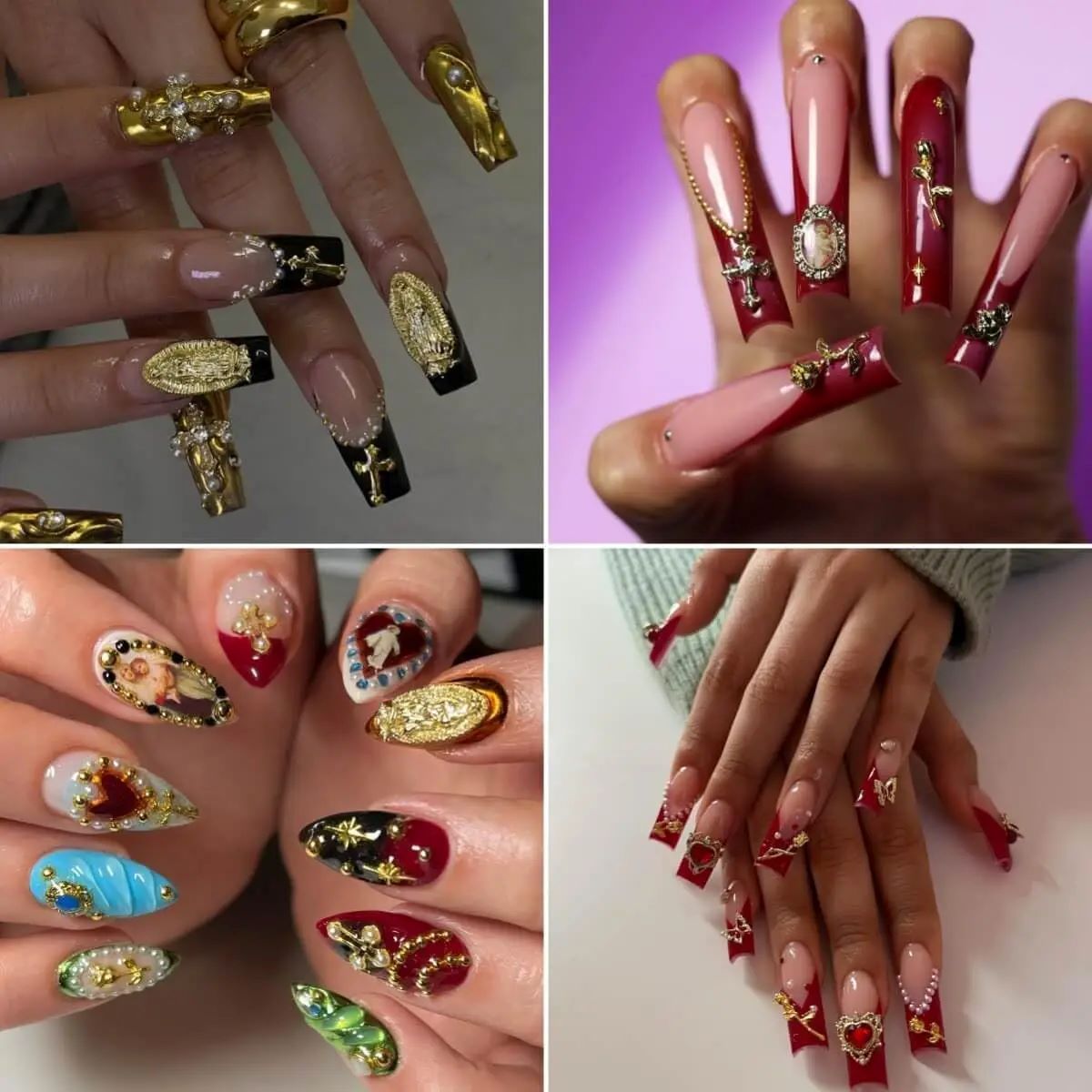 72pcs Gold Nail Charms Set with Gold Cross, Hearts, Rose, and Virgin Mary - Y2K 3D Chrome Nail Decorations