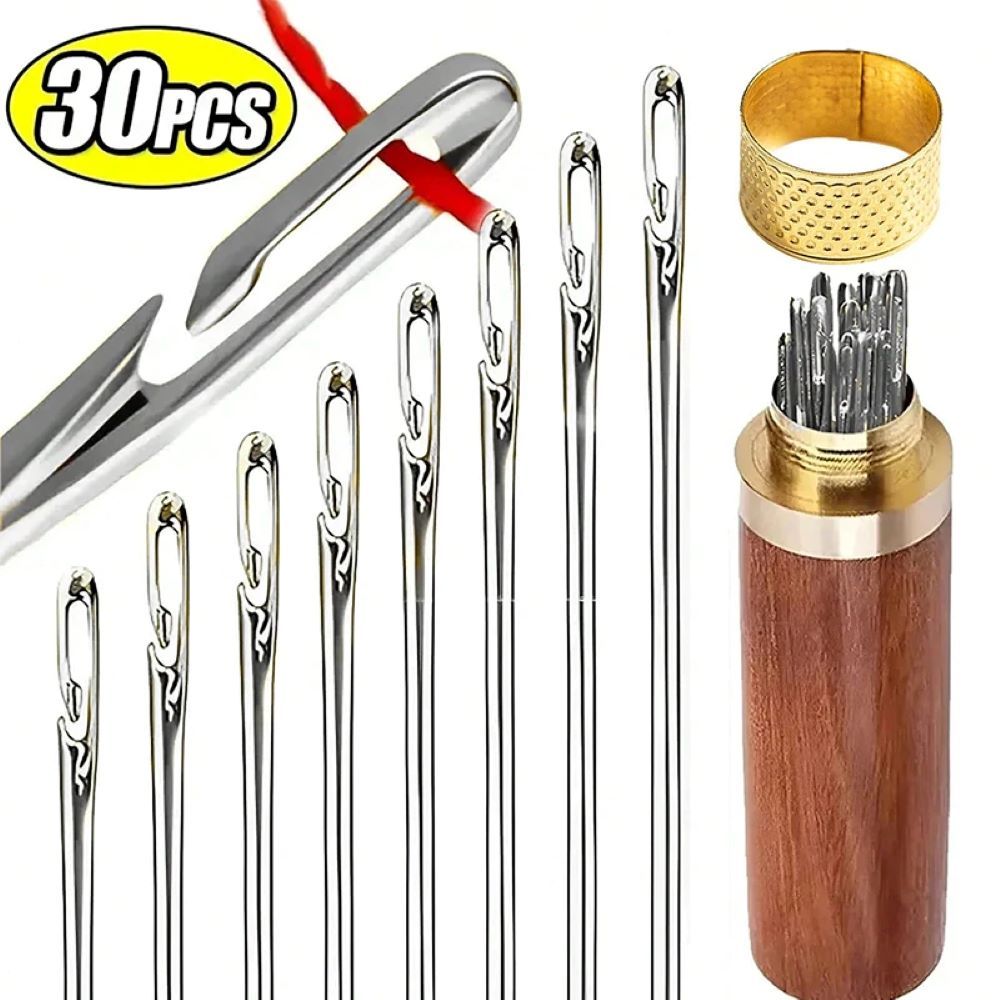 30pcs Blind Sewing Needle Elderly Stainless Steel Quick Automatic Self-Threading Needle Stitching Pins DIY Punch Needle Threader  Hand Sewing Needles