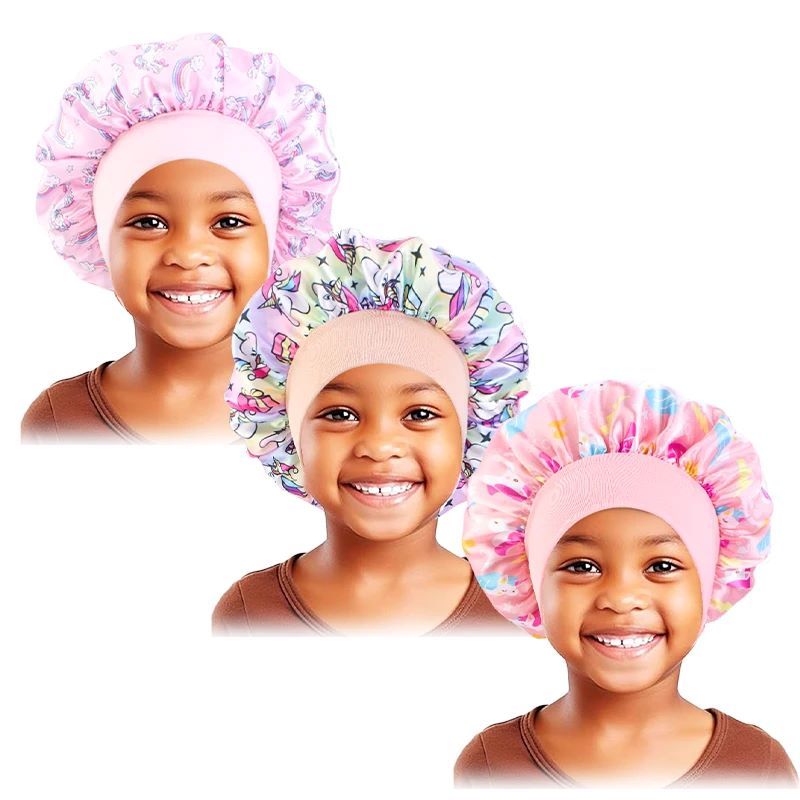 3PCS/ Baby Silky Satin Wide Band Bonnet Elastic Cute Headwear Kids Adjustable Hair Care Caps Nightcap Sleeping Hat Hair Cover Girls Accessoires Hats