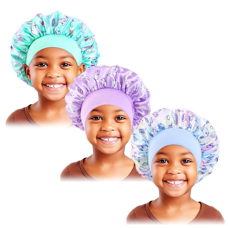 3PCS/ Baby Silky Satin Wide Band Bonnet Elastic Cute Headwear Kids Adjustable Hair Care Caps Nightcap Sleeping Hat Hair Cover Girls Accessoires Hats