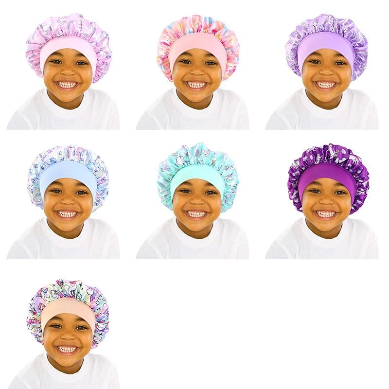 3PCS/ Baby Silky Satin Wide Band Bonnet Elastic Cute Headwear Kids Adjustable Hair Care Caps Nightcap Sleeping Hat Hair Cover Girls Accessoires Hats