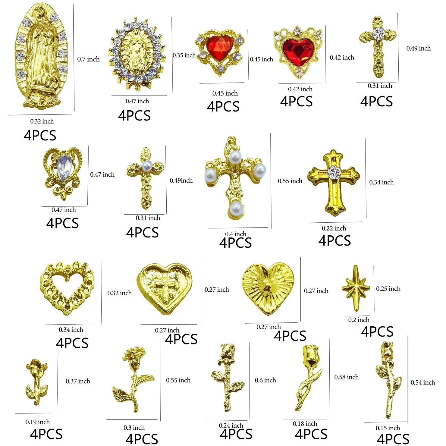 72pcs Gold Nail Charms Set with Gold Cross, Hearts, Rose, and Virgin Mary - Y2K 3D Chrome Nail Decorations