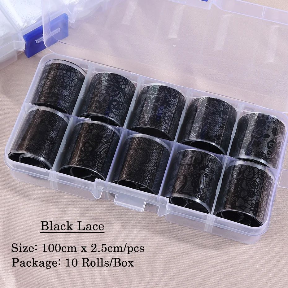 10 Rolls/Box White Black Lace Nail Art Foils Set Nail Transfer Sticker Paper DIY Manicure Nail Decoration Accessories