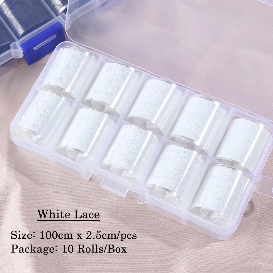 10 Rolls/Box White Black Lace Nail Art Foils Set Nail Transfer Sticker Paper DIY Manicure Nail Decoration Accessories