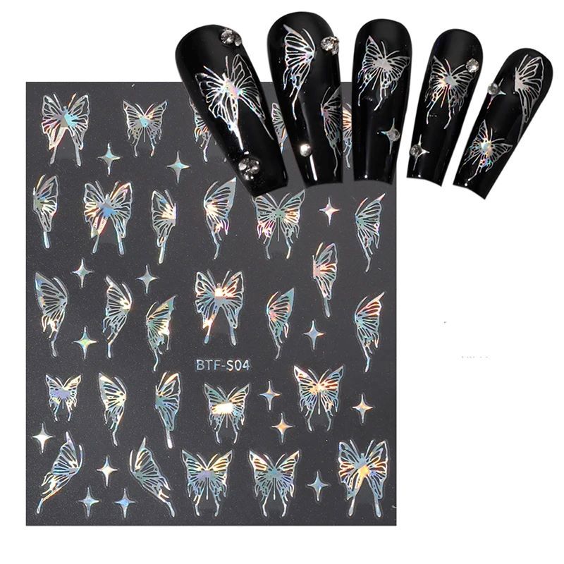 Mix 3 Sheets 3D Stickers for Nails Gold Sliver Rose Gold Laser Butterfly Moon Sun Adhesive Sliders DIY Nail Art Accessories