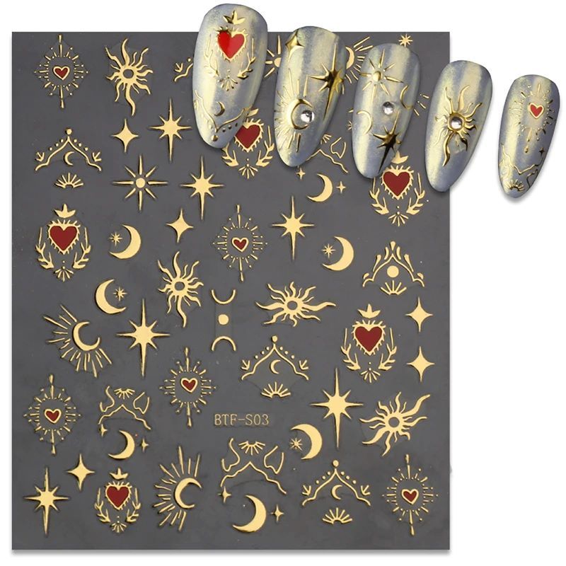Mix 3 Sheets 3D Stickers for Nails Gold Sliver Rose Gold Laser Butterfly Moon Sun Adhesive Sliders DIY Nail Art Accessories