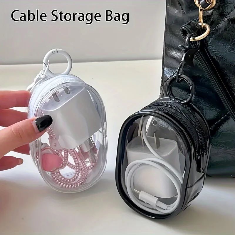 2PCS Portable Mini Clear Zipper Storage Bag - Space-Saving Organizer for Earphones & Chargers, Versatile with Handy Keychain Loop
