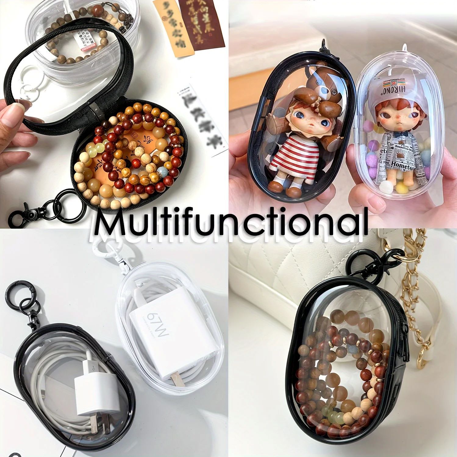2PCS Portable Mini Clear Zipper Storage Bag - Space-Saving Organizer for Earphones & Chargers, Versatile with Handy Keychain Loop