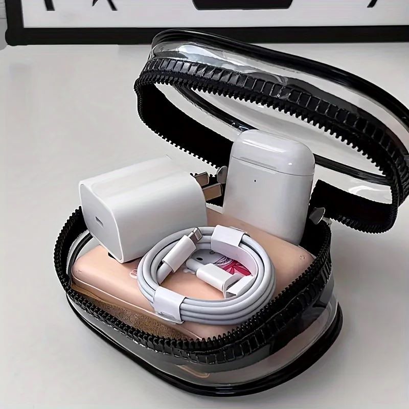 2PCS Portable Mini Clear Zipper Storage Bag - Space-Saving Organizer for Earphones & Chargers, Versatile with Handy Keychain Loop