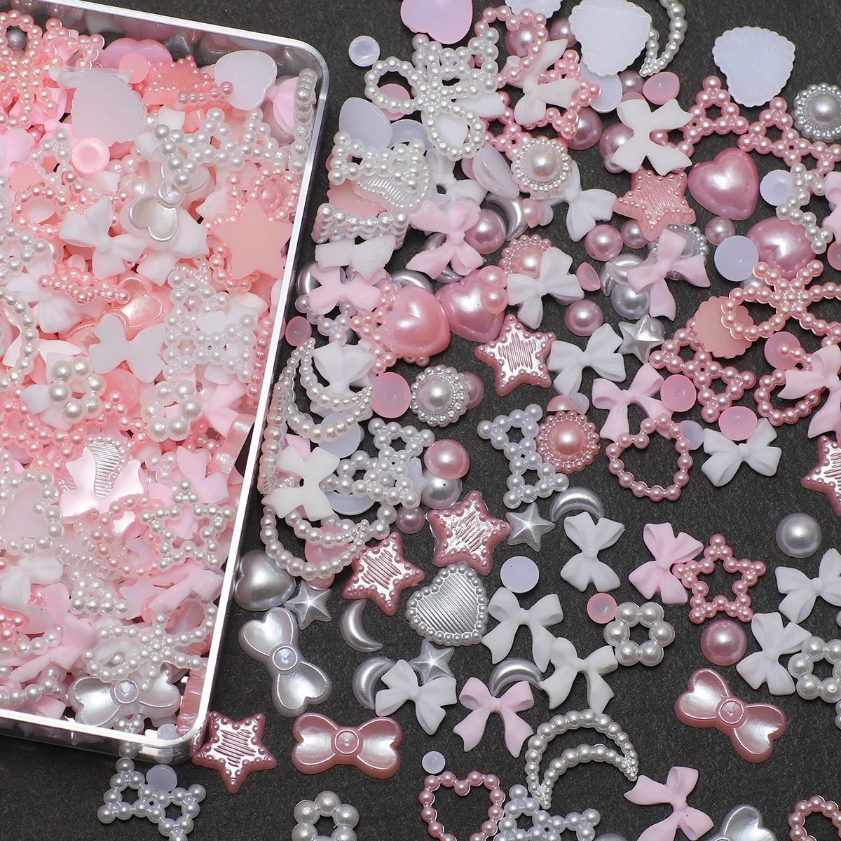 100PCS Nail accessories 3d Nail Charm Resin Love Bow Pentagram Nail Accessories Mixed Pink White resin Hollow Pearl for manicure Nail Tools
