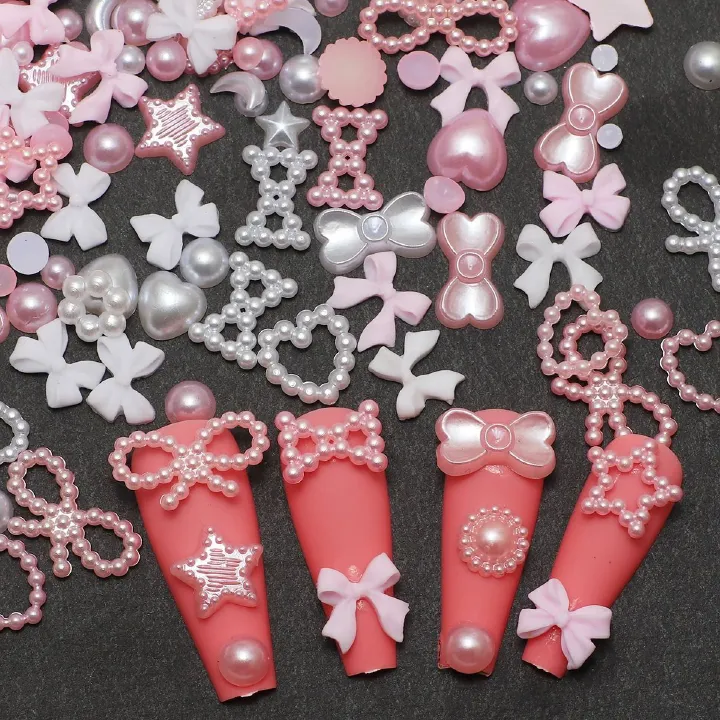100PCS Nail accessories 3d Nail Charm Resin Love Bow Pentagram Nail Accessories Mixed Pink White resin Hollow Pearl for manicure Nail Tools