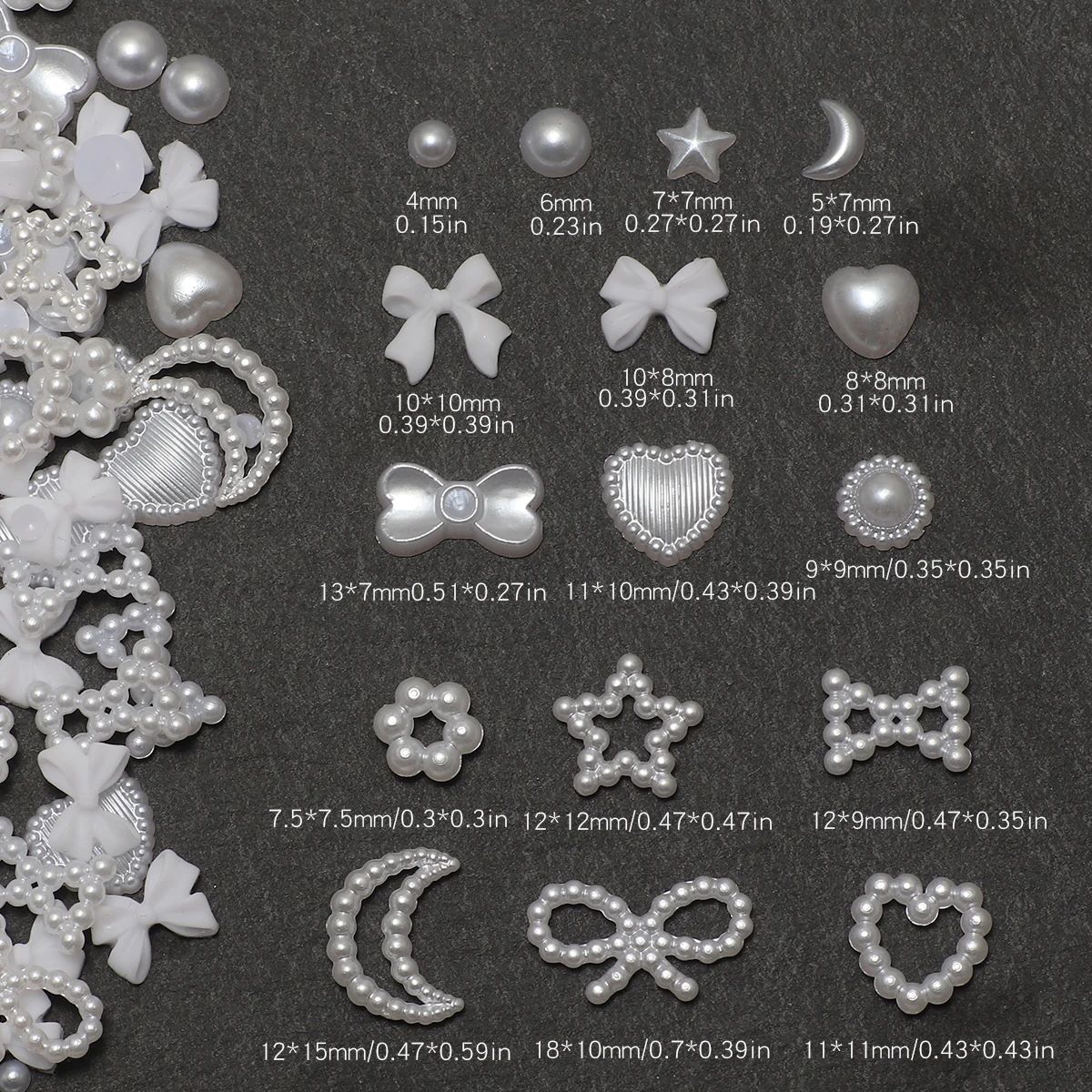 100PCS Nail accessories 3d Nail Charm Resin Love Bow Pentagram Nail Accessories Mixed Pink White resin Hollow Pearl for manicure Nail Tools