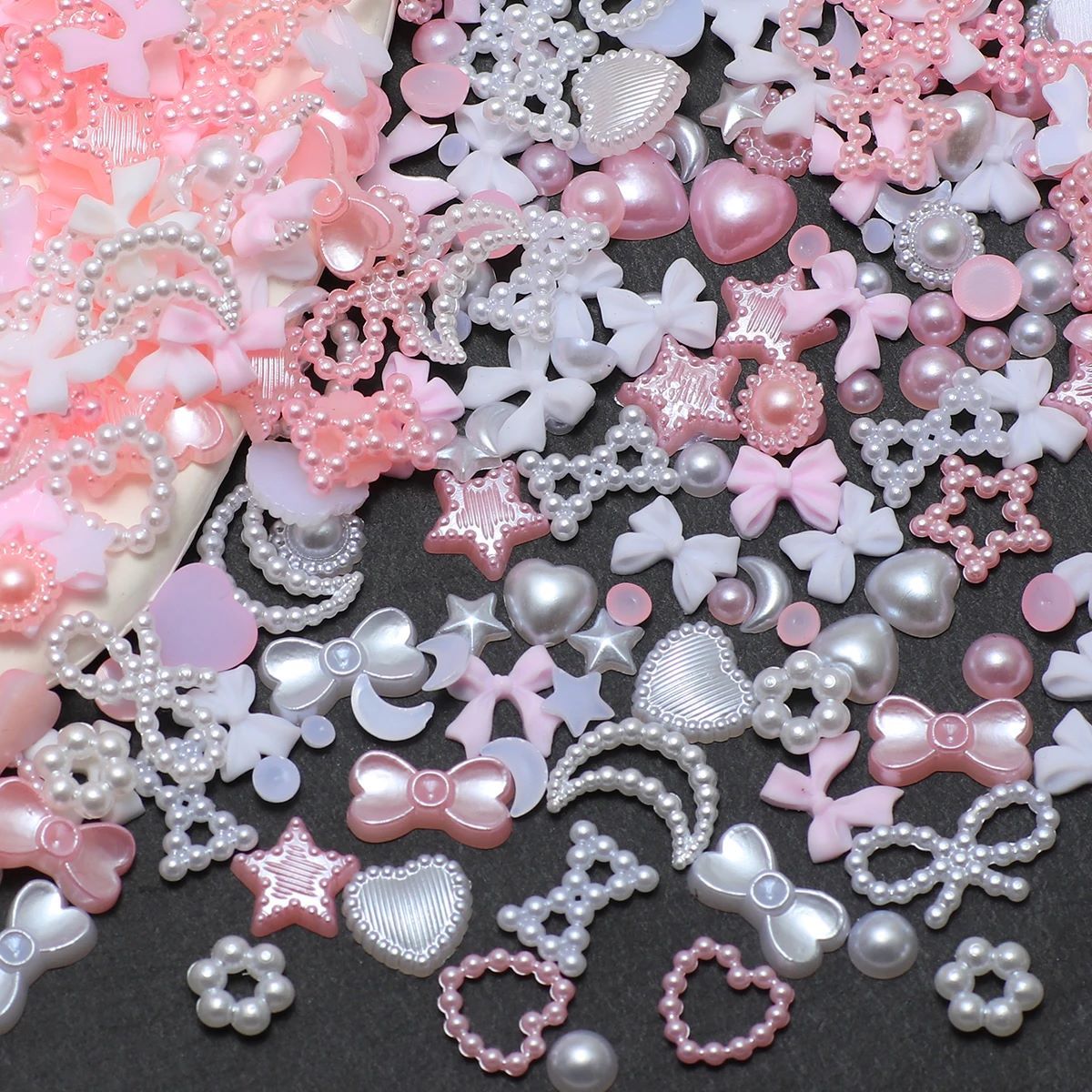 100PCS Nail accessories 3d Nail Charm Resin Love Bow Pentagram Nail Accessories Mixed Pink White resin Hollow Pearl for manicure Nail Tools