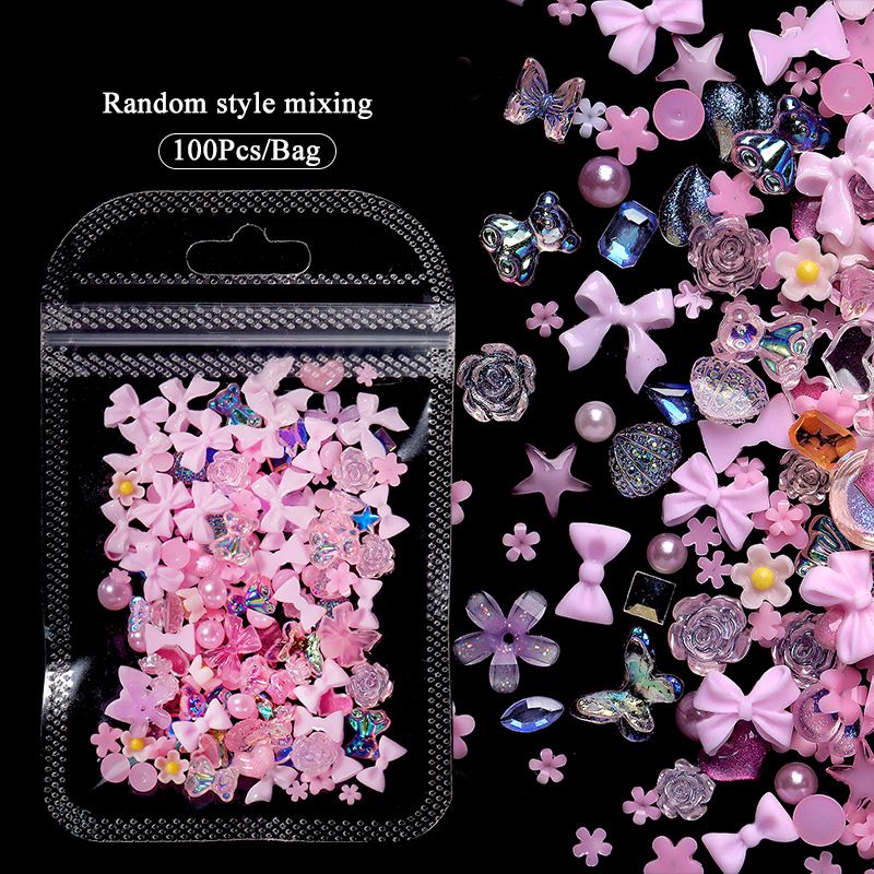 100PCS Nail accessories 3d Nail Charm Resin Love Bow Pentagram Nail Accessories Mixed Pink White resin Hollow Pearl for manicure Nail Tools