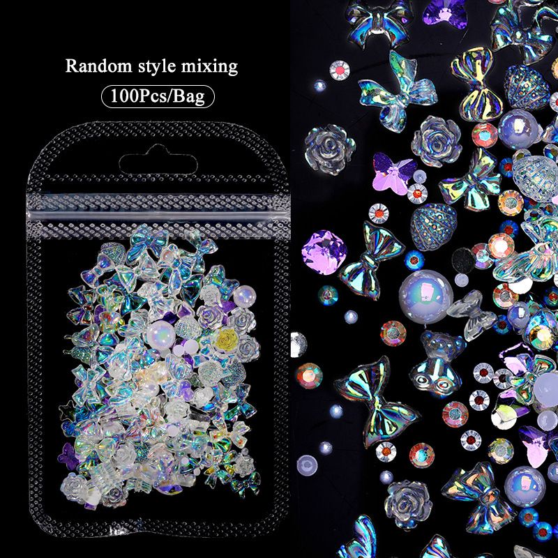 100PCS Nail accessories 3d Nail Charm Resin Love Bow Pentagram Nail Accessories Mixed Pink White resin Hollow Pearl for manicure Nail Tools