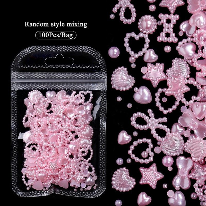 100PCS Nail accessories 3d Nail Charm Resin Love Bow Pentagram Nail Accessories Mixed Pink White resin Hollow Pearl for manicure Nail Tools
