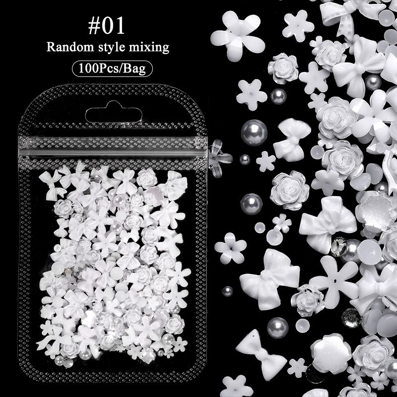 100PCS Nail accessories 3d Nail Charm Resin Love Bow Pentagram Nail Accessories Mixed Pink White resin Hollow Pearl for manicure Nail Tools