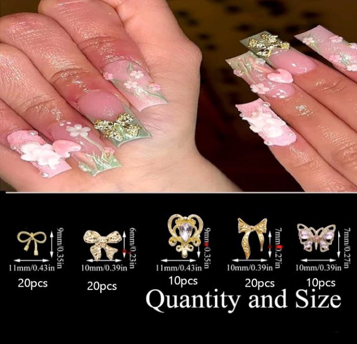 80PCS Gold Nail Charms Kit 3D Crown Nail Charms Crystal Money Sign Nail Charms Heart Nail Charms Shiny Butterfly Charms Cross