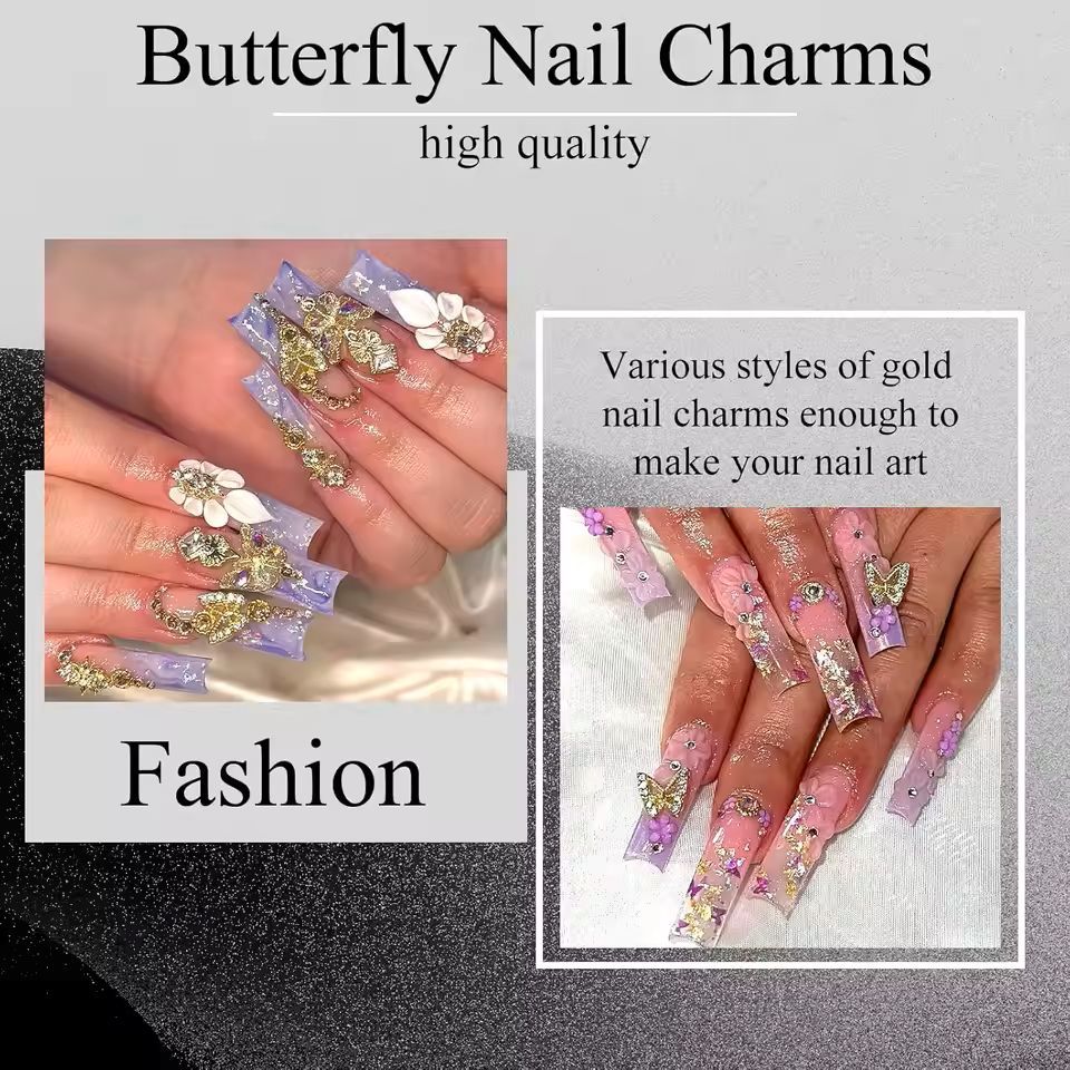 80PCS Gold Nail Charms Kit 3D Crown Nail Charms Crystal Money Sign Nail Charms Heart Nail Charms Shiny Butterfly Charms Cross