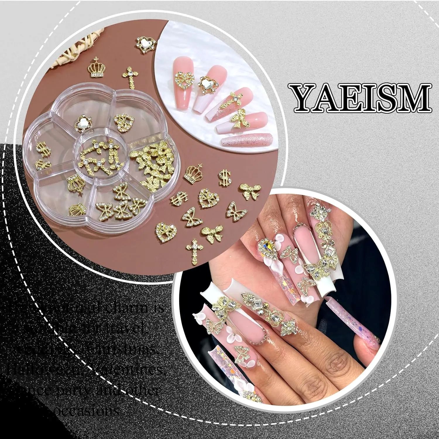 80PCS Gold Nail Charms Kit 3D Crown Nail Charms Crystal Money Sign Nail Charms Heart Nail Charms Shiny Butterfly Charms Cross