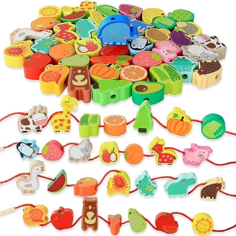 Monterssori Baby DIY Wooden Toys Cartoon Fruit Animal Stringing Threading Wooden Beads Educational Toys for Kids Christmas Gift Early Development Toys