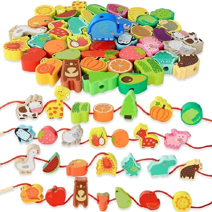 Monterssori Baby DIY Wooden Toys Cartoon Fruit Animal Stringing Threading Wooden Beads Educational Toys for Kids Christmas Gift Early Development Toys