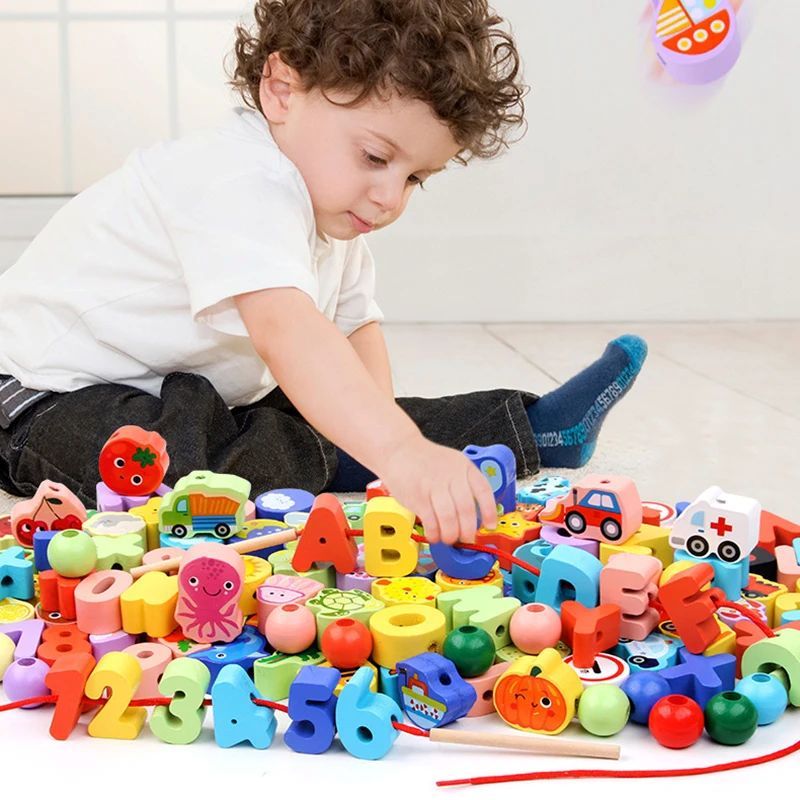Monterssori Baby DIY Wooden Toys Cartoon Fruit Animal Stringing Threading Wooden Beads Educational Toys for Kids Christmas Gift Early Development Toys
