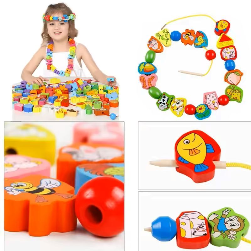 Monterssori Baby DIY Wooden Toys Cartoon Fruit Animal Stringing Threading Wooden Beads Educational Toys for Kids Christmas Gift Early Development Toys