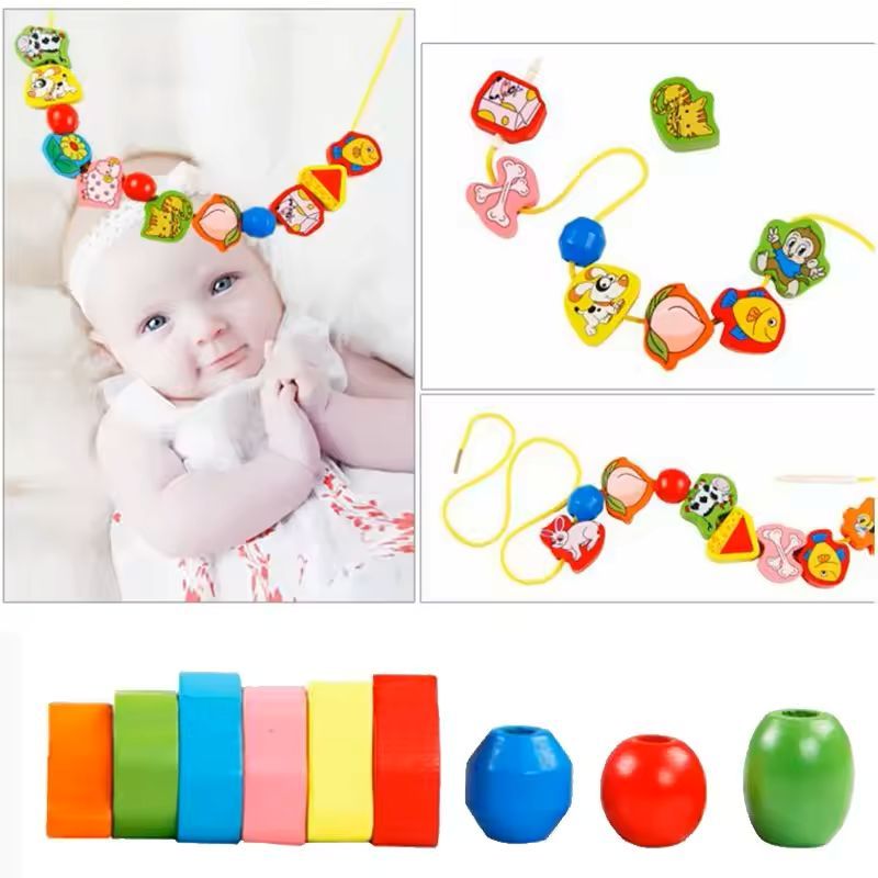 Monterssori Baby DIY Wooden Toys Cartoon Fruit Animal Stringing Threading Wooden Beads Educational Toys for Kids Christmas Gift Early Development Toys