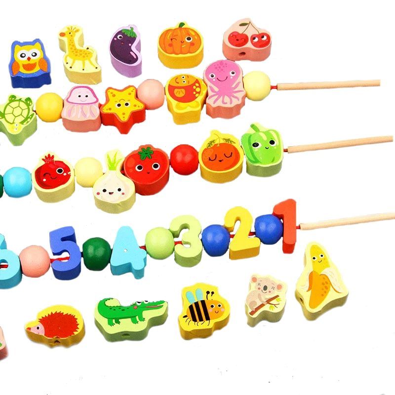 Monterssori Baby DIY Wooden Toys Cartoon Fruit Animal Stringing Threading Wooden Beads Educational Toys for Kids Christmas Gift Early Development Toys