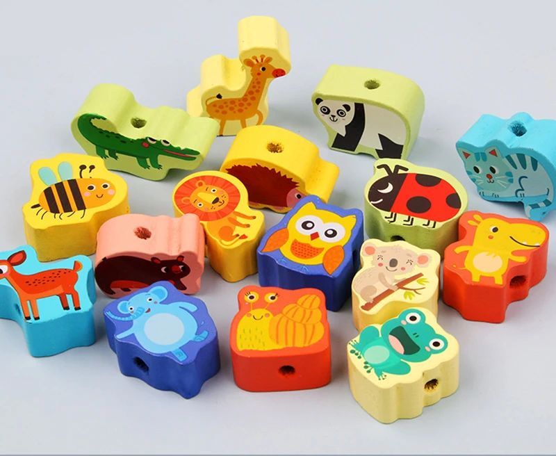 Monterssori Baby DIY Wooden Toys Cartoon Fruit Animal Stringing Threading Wooden Beads Educational Toys for Kids Christmas Gift Early Development Toys