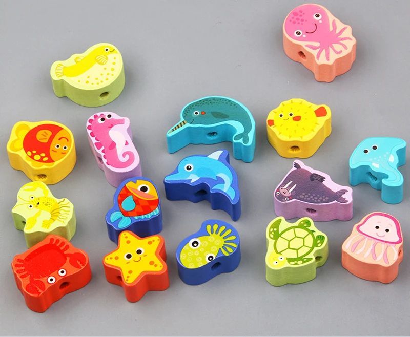 Monterssori Baby DIY Wooden Toys Cartoon Fruit Animal Stringing Threading Wooden Beads Educational Toys for Kids Christmas Gift Early Development Toys