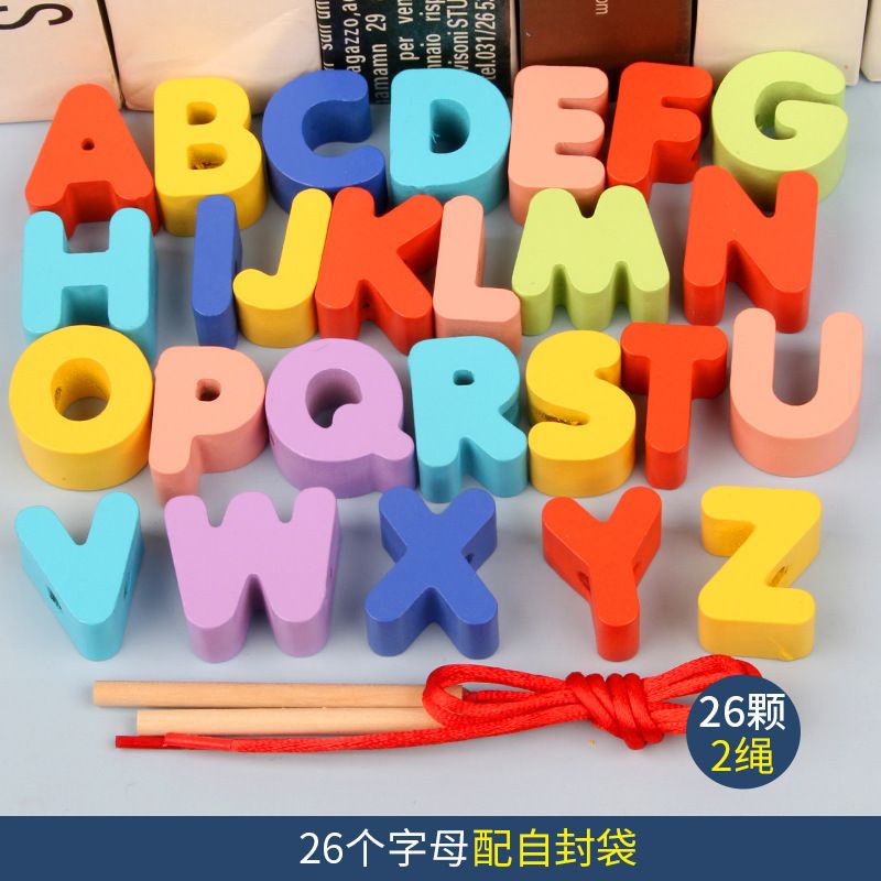 Monterssori Baby DIY Wooden Toys Cartoon Fruit Animal Stringing Threading Wooden Beads Educational Toys for Kids Christmas Gift Early Development Toys