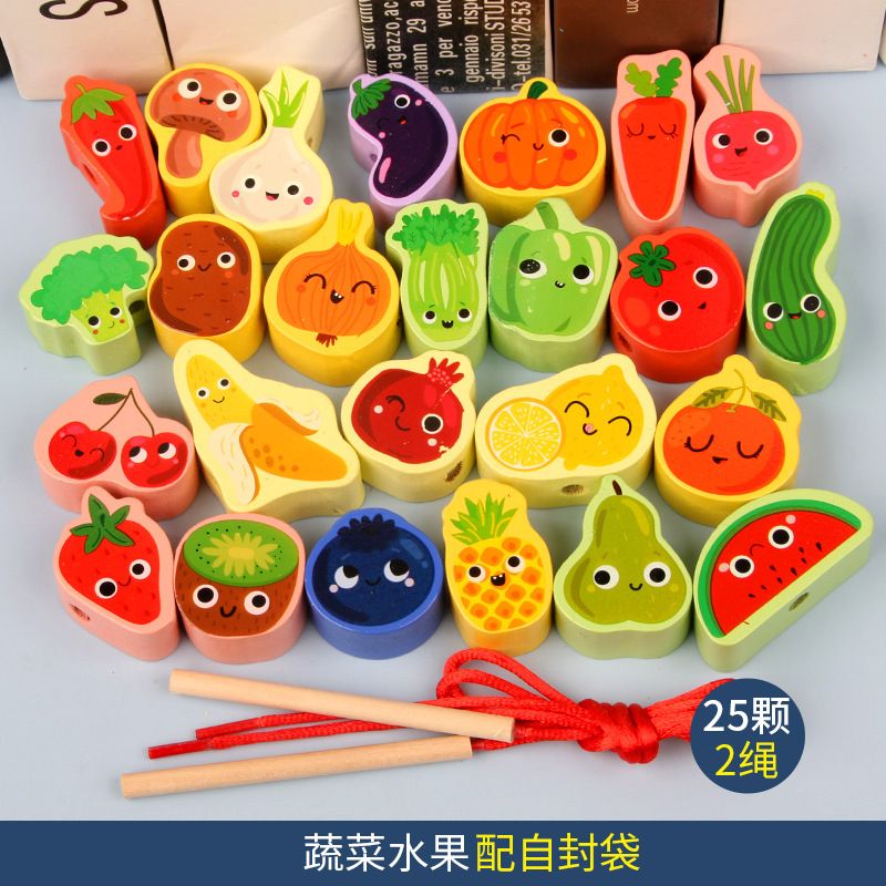 Monterssori Baby DIY Wooden Toys Cartoon Fruit Animal Stringing Threading Wooden Beads Educational Toys for Kids Christmas Gift Early Development Toys