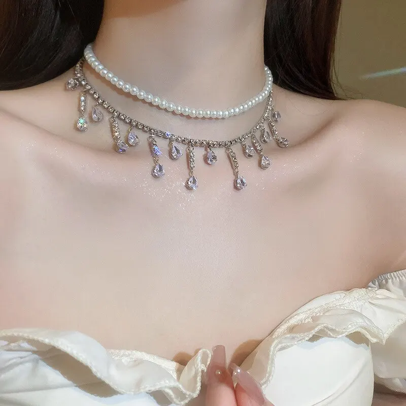 Luxury Rhinestone Crystal Chokers Necklaces For Women Multilayer Imitation Pearl Chain Necklace For Party Wedding Jewelry