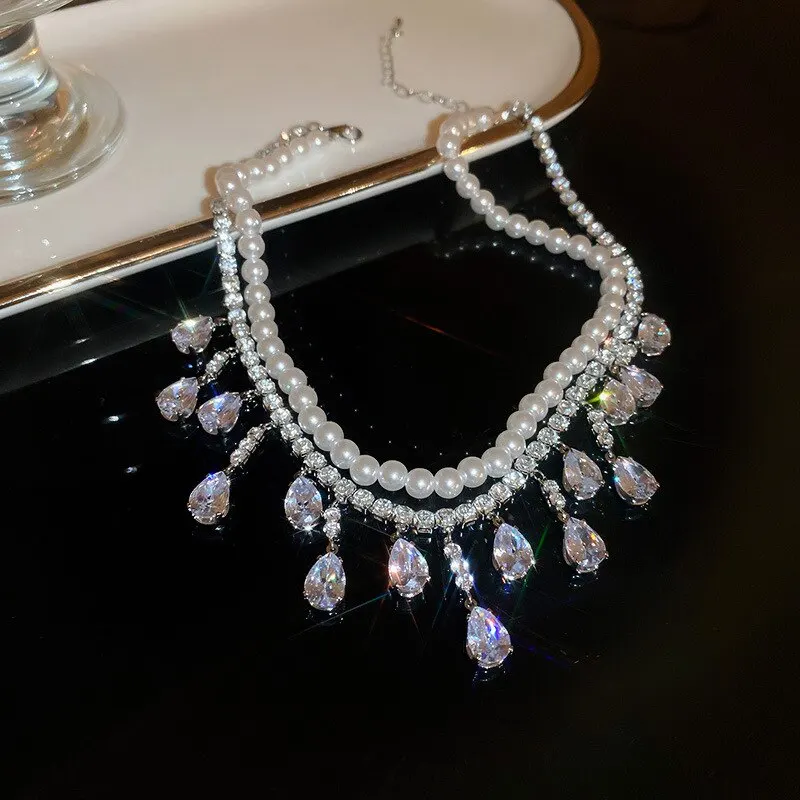 Luxury Rhinestone Crystal Chokers Necklaces For Women Multilayer Imitation Pearl Chain Necklace For Party Wedding Jewelry