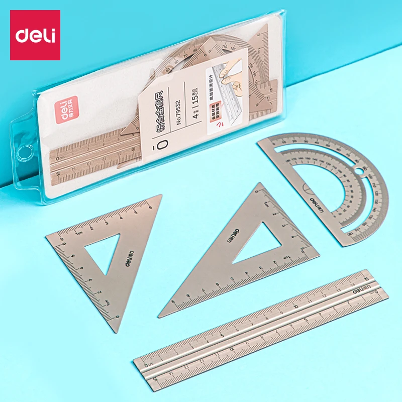 4PCS DELI Aluminum Drafting Set 4 PCS Ruler Set for School Straight Ruler Triangular Protractor Stationery