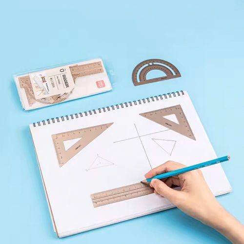 4PCS DELI Aluminum Drafting Set 4 PCS Ruler Set for School Straight Ruler Triangular Protractor Stationery