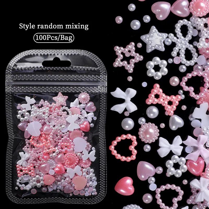 100PCS Nail accessories 3d Nail Charm Resin Love Bow Pentagram Nail Accessories Mixed Pink White resin Hollow Pearl for manicure Nail Tools