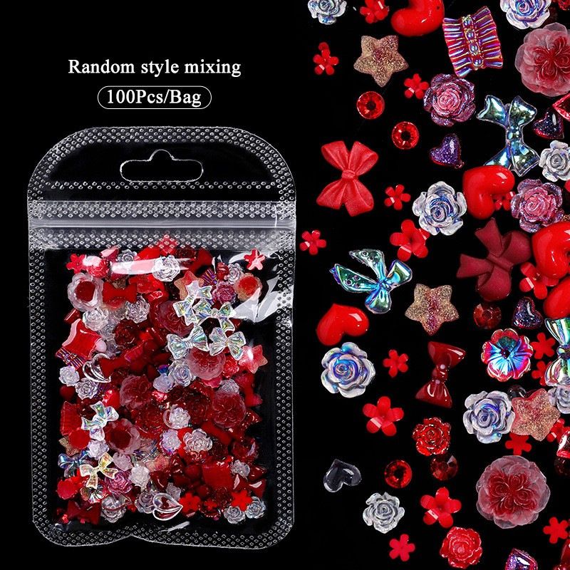100PCS Nail accessories 3d Nail Charm Resin Love Bow Pentagram Nail Accessories Mixed Pink White resin Hollow Pearl for manicure Nail Tools