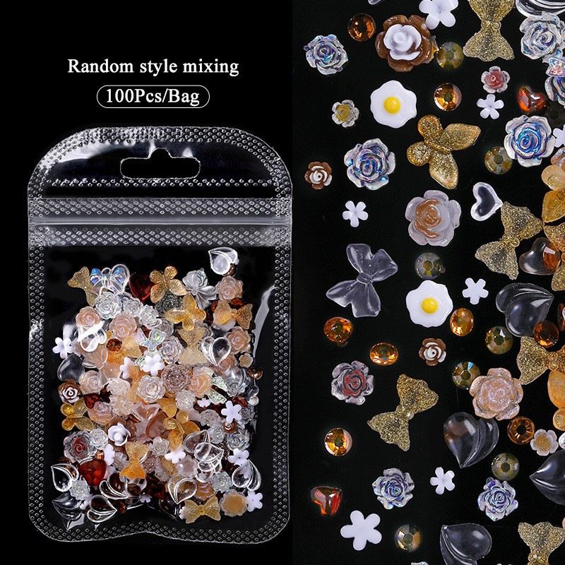 100PCS Nail accessories 3d Nail Charm Resin Love Bow Pentagram Nail Accessories Mixed Pink White resin Hollow Pearl for manicure Nail Tools