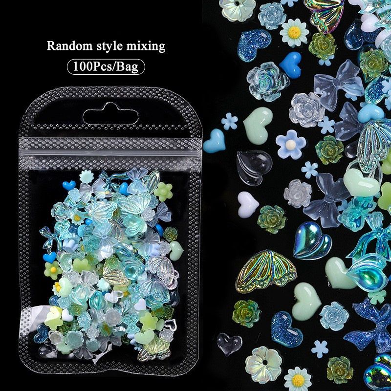 100PCS Nail accessories 3d Nail Charm Resin Love Bow Pentagram Nail Accessories Mixed Pink White resin Hollow Pearl for manicure Nail Tools