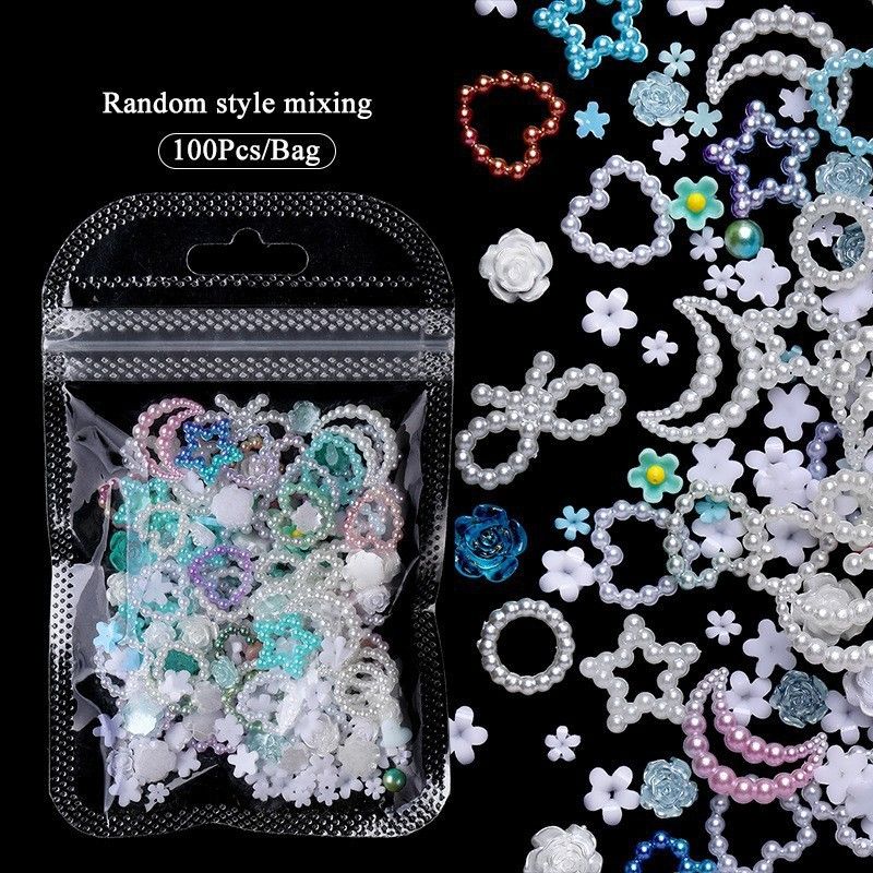 100PCS Nail accessories 3d Nail Charm Resin Love Bow Pentagram Nail Accessories Mixed Pink White resin Hollow Pearl for manicure Nail Tools