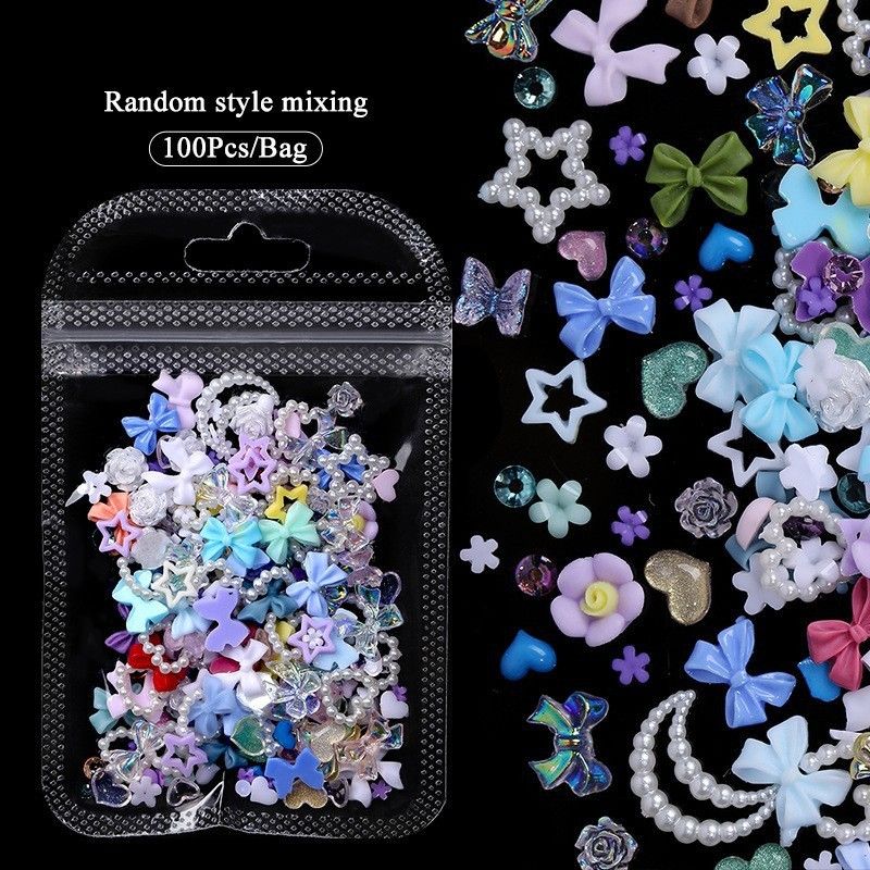 100PCS Nail accessories 3d Nail Charm Resin Love Bow Pentagram Nail Accessories Mixed Pink White resin Hollow Pearl for manicure Nail Tools